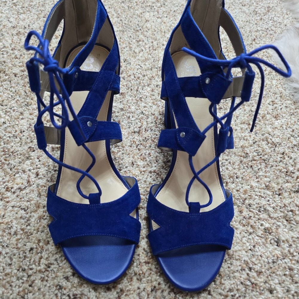 SAM EDELMAN Circus Suede Strapping Lace Up Open Toe Block Heel Size 10M Blue